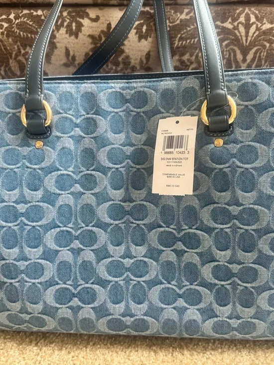 Coach Blue Denim Signature Tote with Tan Leather Tag - Picture 2 of 5